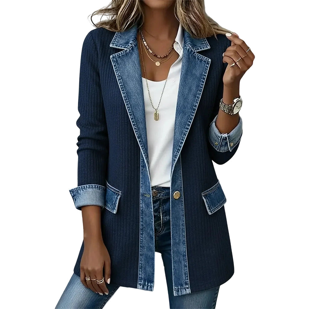 Women's Elegant Ribbed Knit Coat with Denim Panels