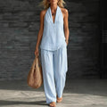 Sofía Ensemble Effet Lin avec Top Halter et Pantalon Large Rayé