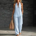 Sofía Ensemble Effet Lin avec Top Halter et Pantalon Large Rayé