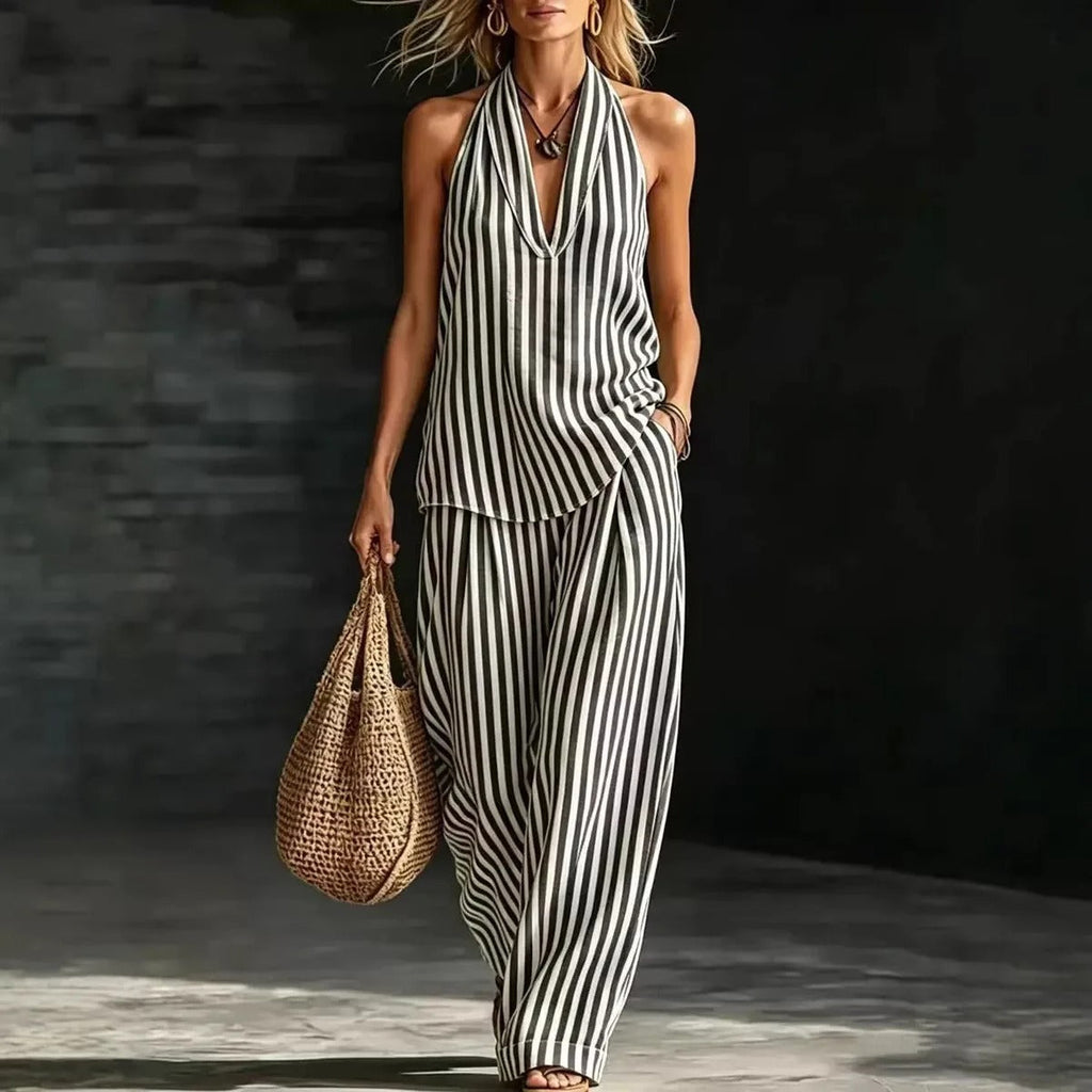 Sofía Ensemble Effet Lin avec Top Halter et Pantalon Large Rayé