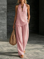 Sofía Ensemble Effet Lin avec Top Halter et Pantalon Large Rayé