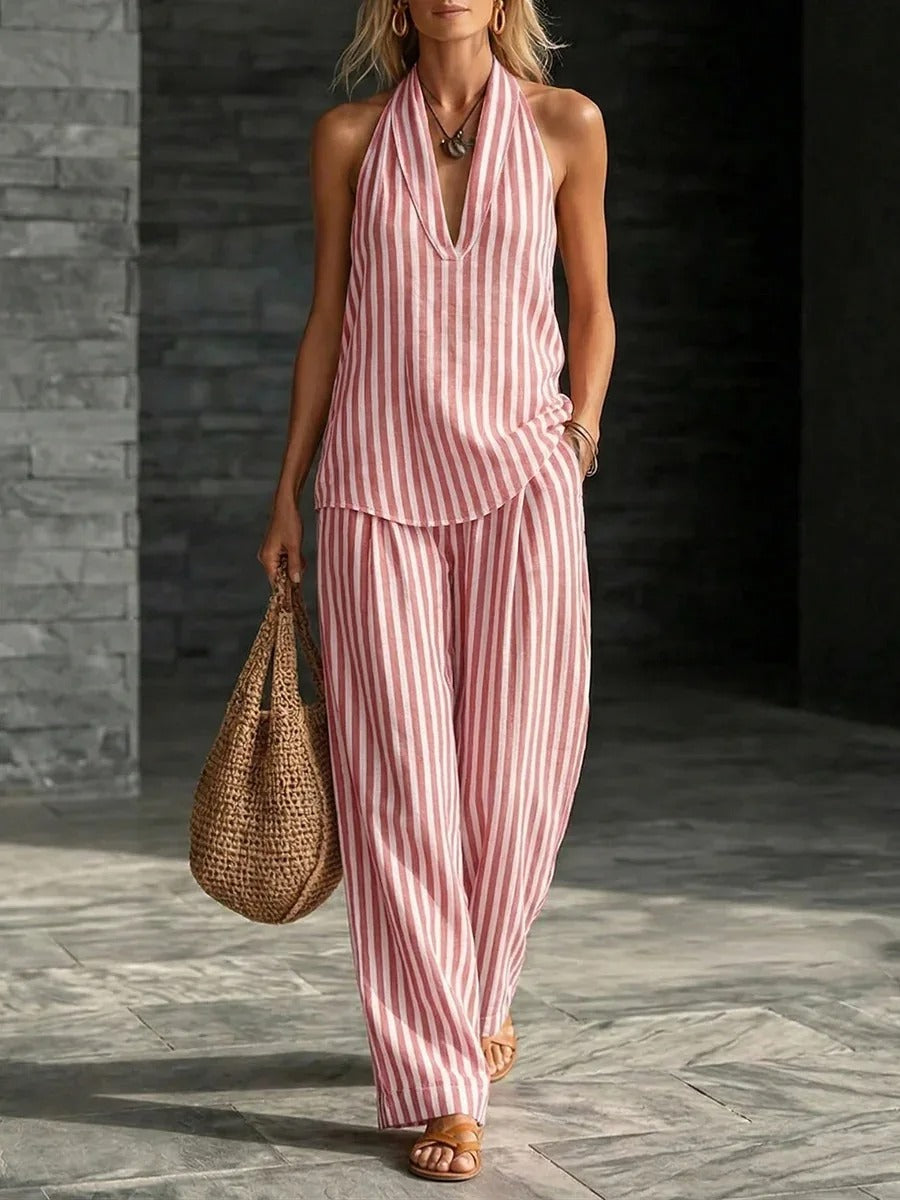 Sofía Ensemble Effet Lin avec Top Halter et Pantalon Large Rayé