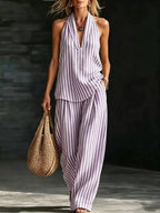 Sofía Ensemble Effet Lin avec Top Halter et Pantalon Large Rayé