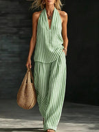 Sofía Ensemble Effet Lin avec Top Halter et Pantalon Large Rayé