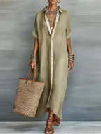 Megan Robe Maxi Vert Olive aux Lignes Minimalistes