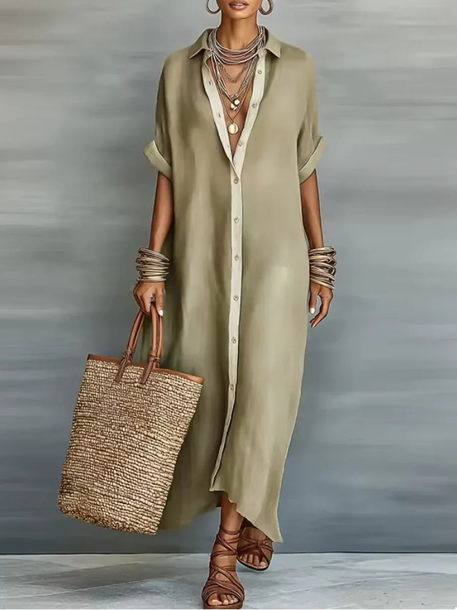 Megan Robe Maxi Vert Olive aux Lignes Minimalistes
